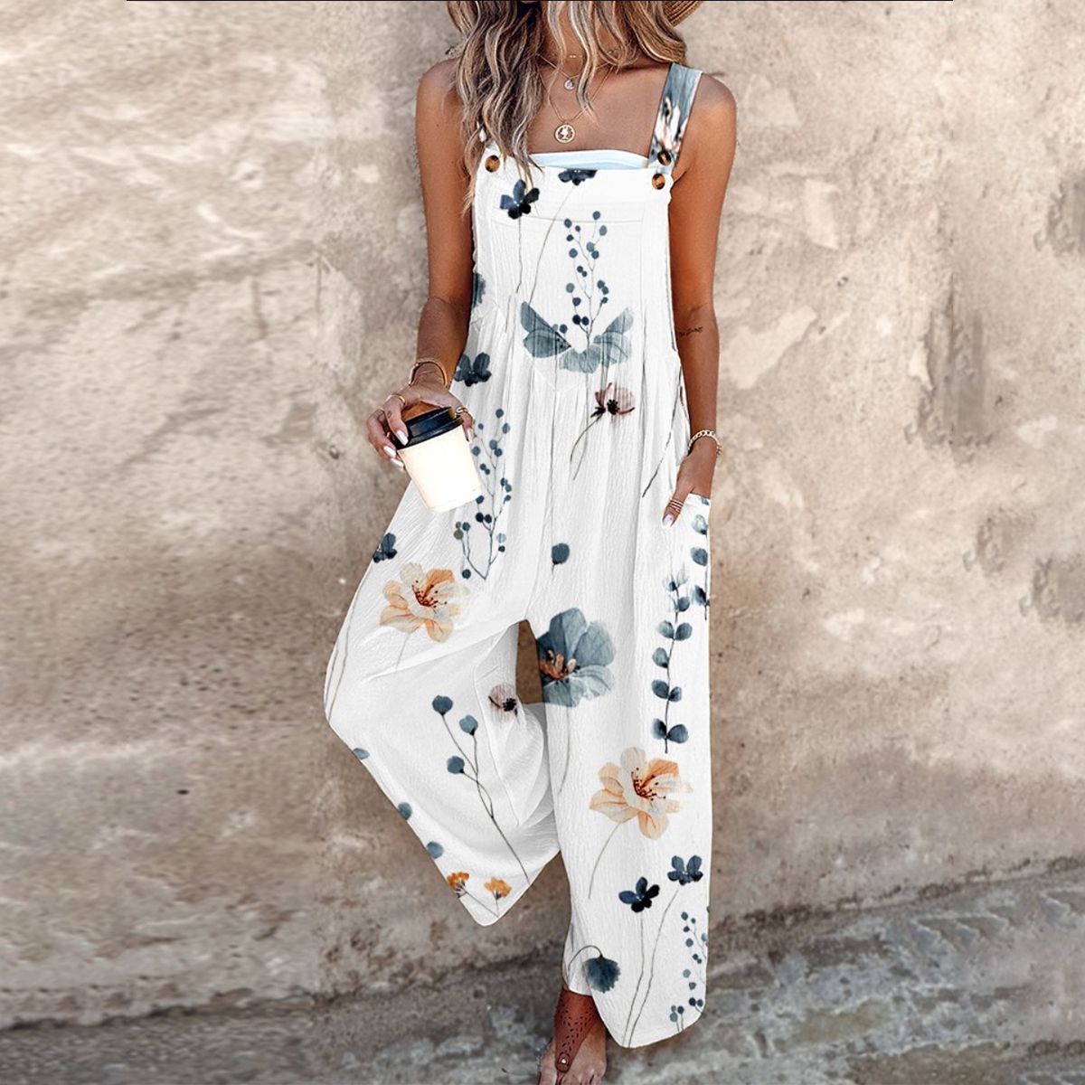 Women's Black Overalls with Large White Daisy - White