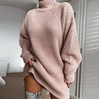 Women's Turtleneck Knit Sweater Dress for Winter - Pink