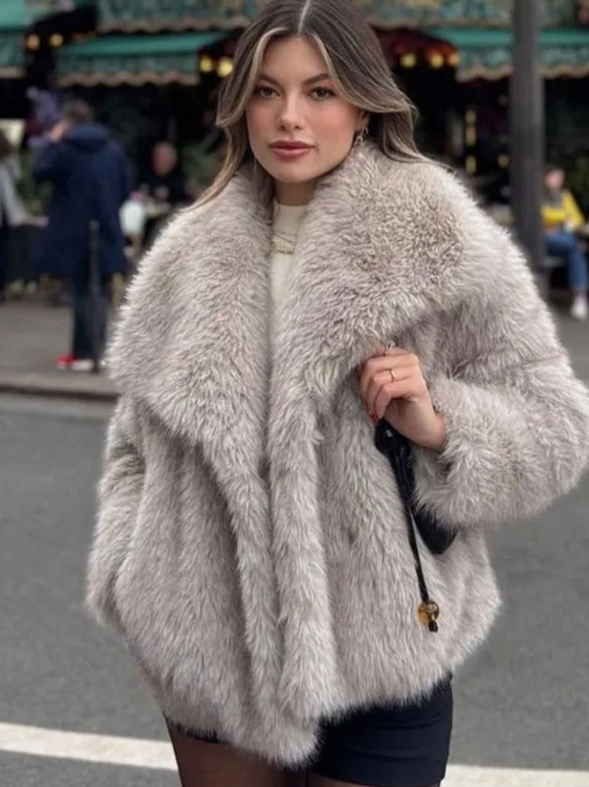 Women's Faux Fur Lapel Coat Warm Padded Winter Coat - Light Blue
