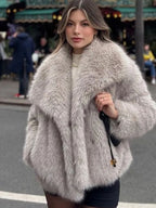 Women's Faux Fur Lapel Coat Warm Padded Winter Coat - Light Blue