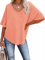 Women's Waffle Knit V-Neck Short Sleeve T-Shirt