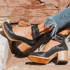 Women's Comfortable Leather Heels - Black Snake Print