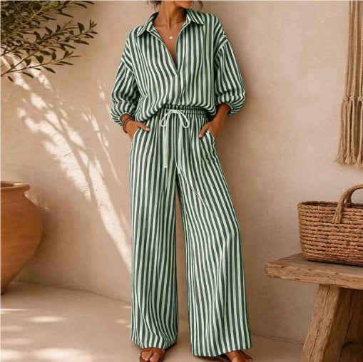 Women's Striped Shirt and Pants Set - Green