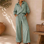 Women's Striped Shirt and Pants Set - Green