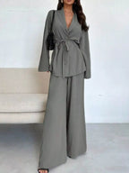 Women's Tie-Waist Top and Textured Wide-Leg Pants Set - Gray