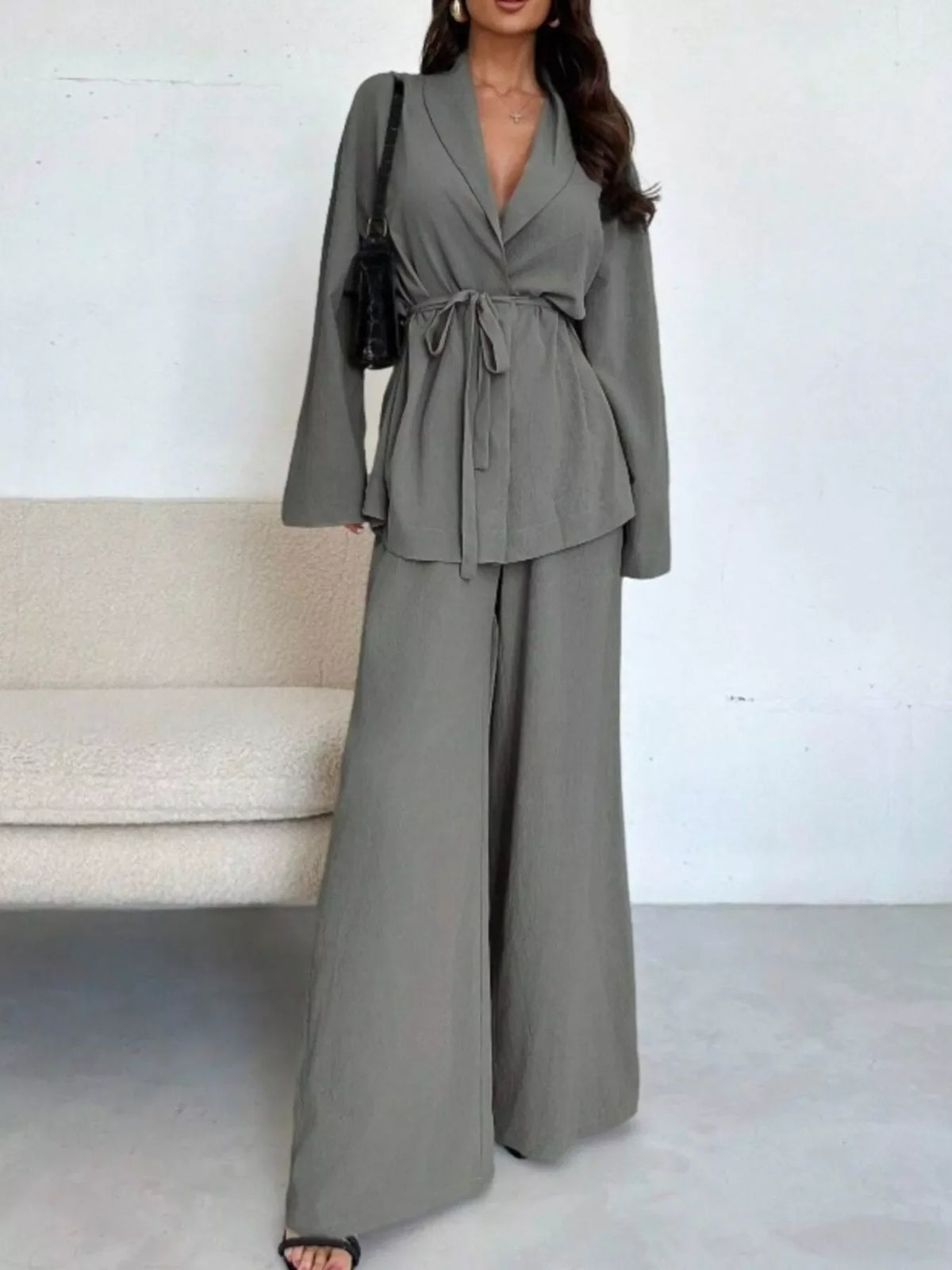Women's Tie-Waist Top and Textured Wide-Leg Pants Set - Gray