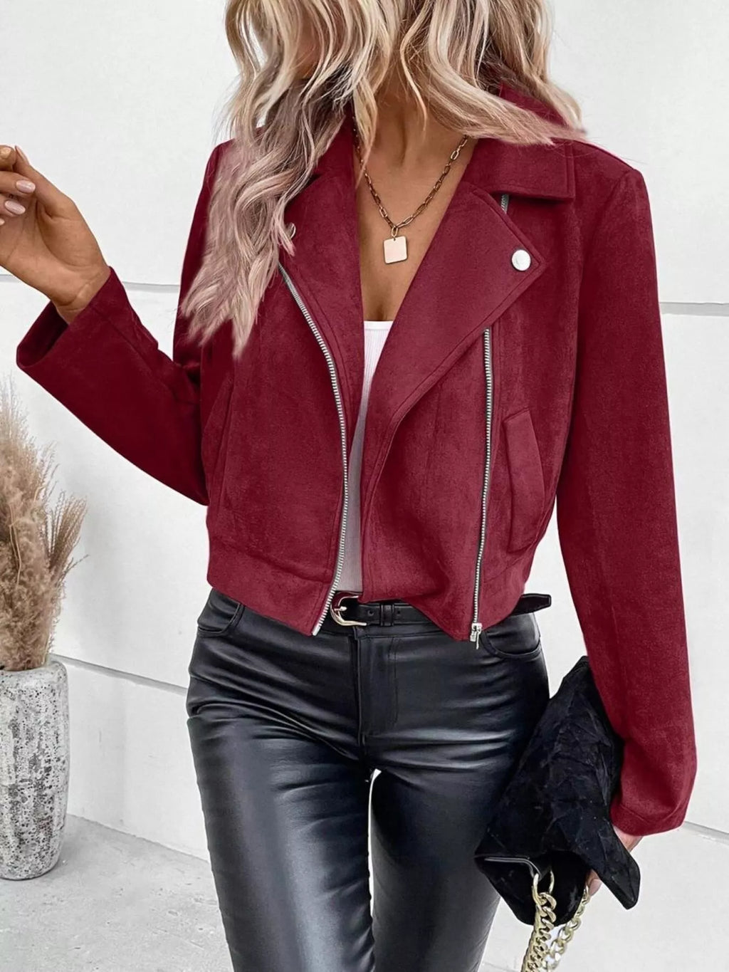 Women's Cropped Zip-Up Jacket - Burgundy