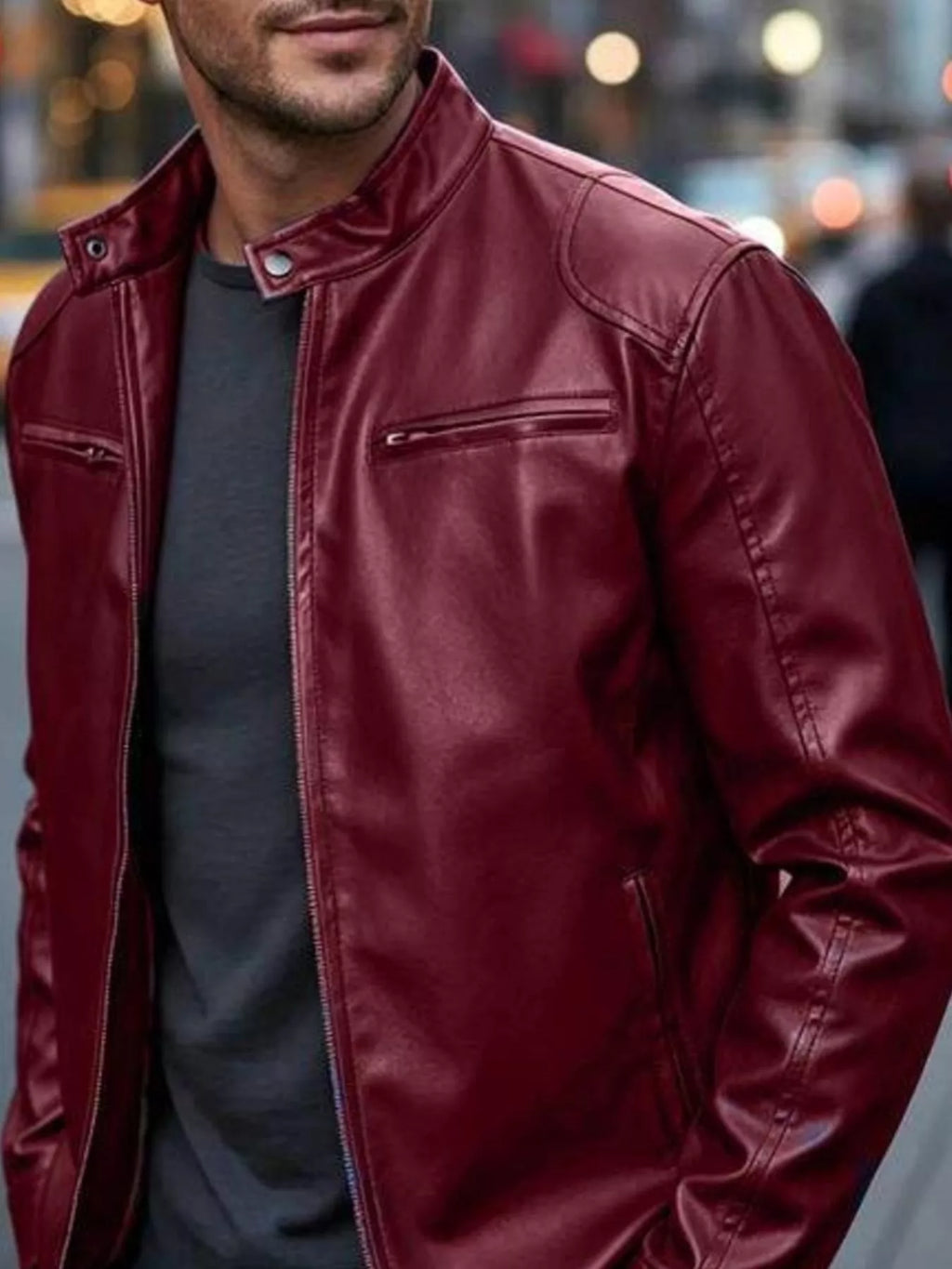Men's Zip-Up Biker Jacket Big and Tall - Burgundy