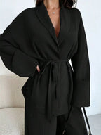 Women's Tie-Waist Top and Textured Wide-Leg Pants Set