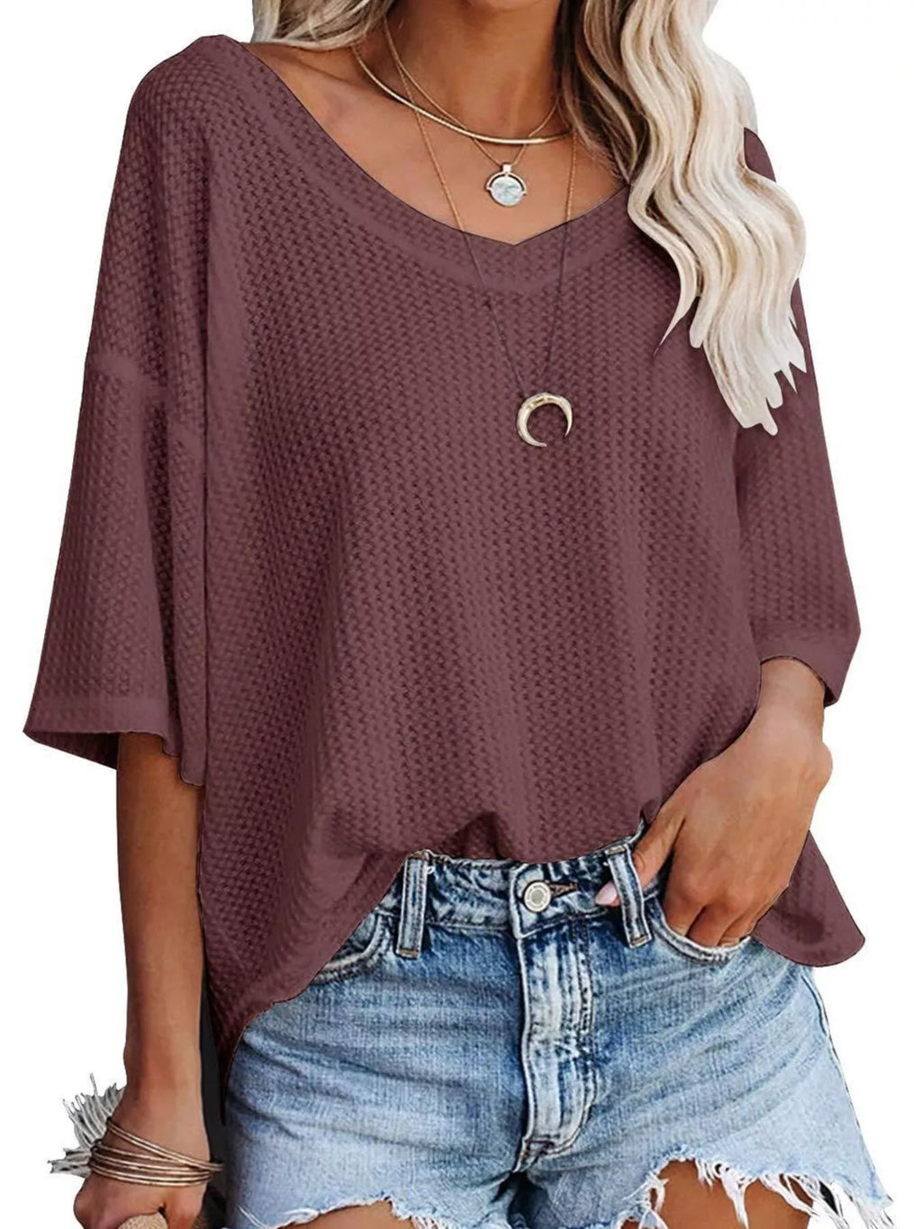Women's Waffle Knit V-Neck Short Sleeve T-Shirt - Maroon