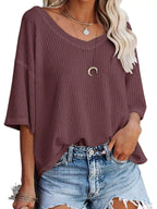 Women's Waffle Knit V-Neck Short Sleeve T-Shirt - Maroon