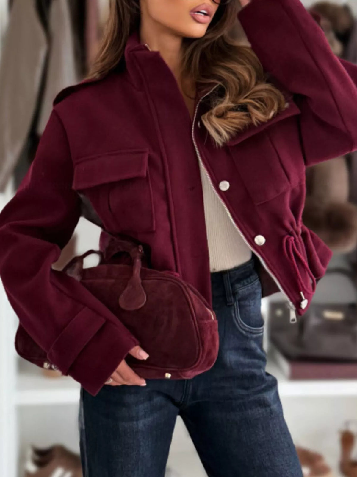 Women's Lightweight Casual Button-Up Jacket with Drawstring - Wine Red