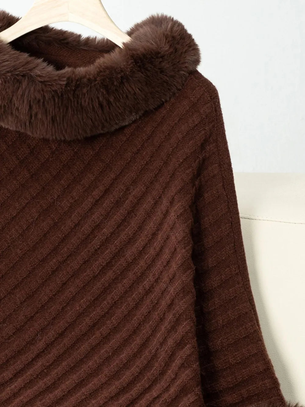 Women's 3/4 Sleeve Poncho with Faux Fur Trim Textured Cape