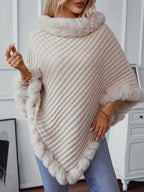 Women's 3/4 Sleeve Poncho with Faux Fur Trim Textured Cape