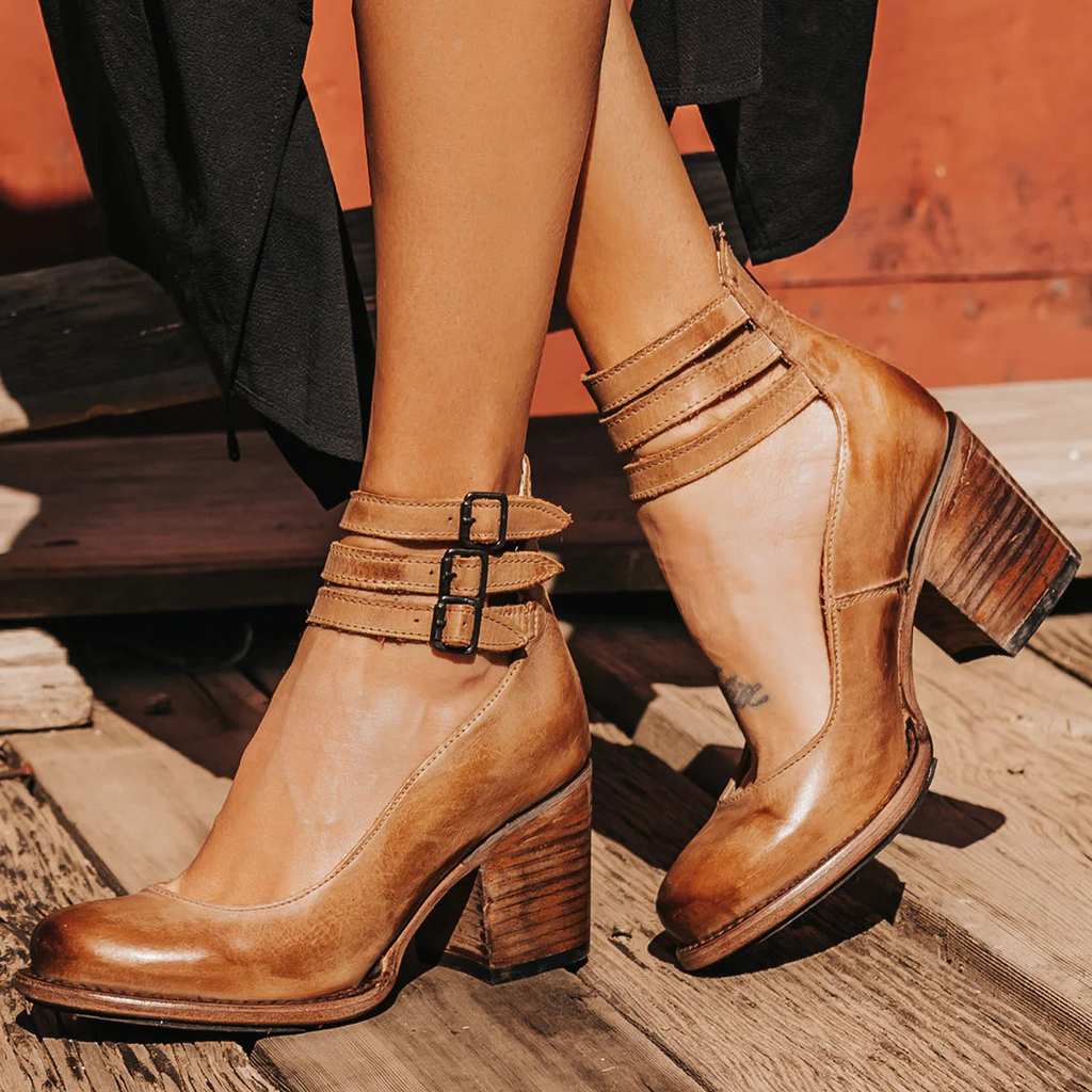 Women's Comfortable Leather Heels - Brown