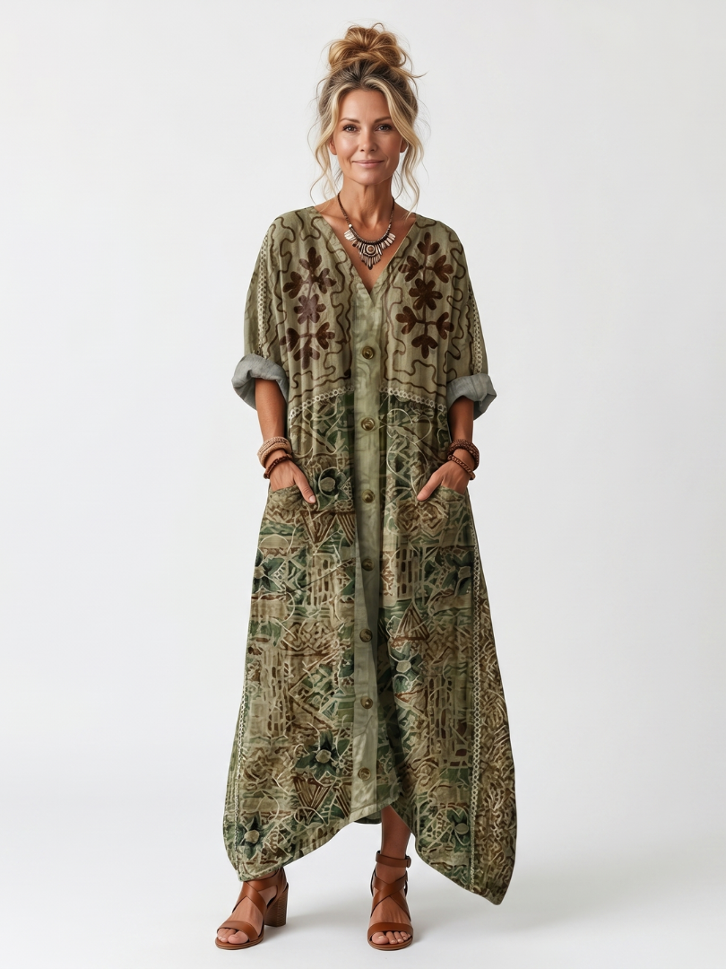 Women's Oversized Button-Front Midi Dress with Pockets