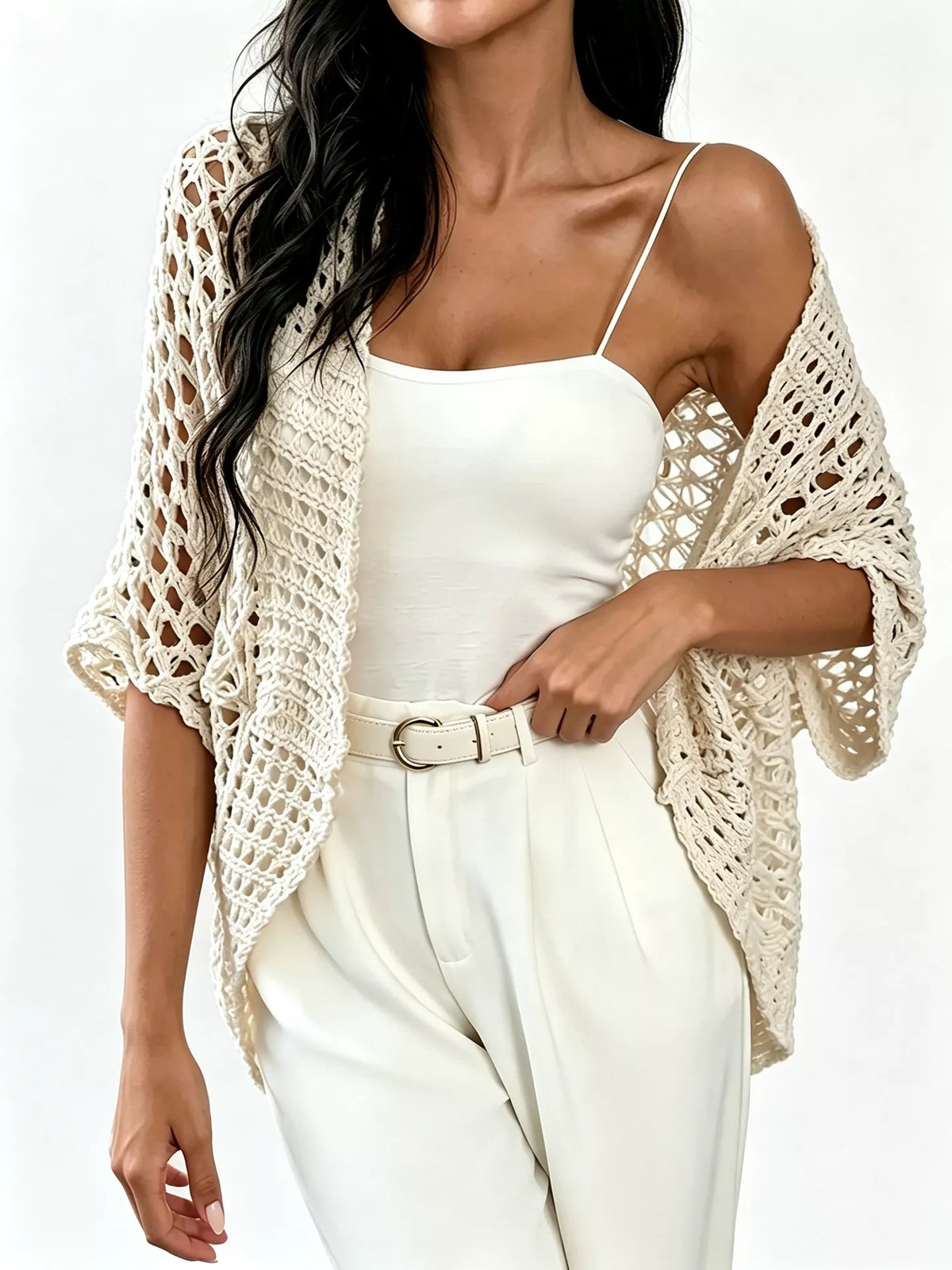 Women's Open Front Crochet Cardigan - Cream