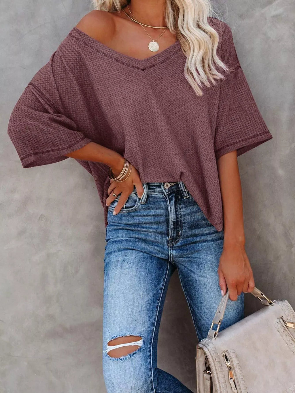 Women's Waffle Knit V-Neck Short Sleeve T-Shirt