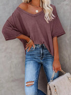 Women's Waffle Knit V-Neck Short Sleeve T-Shirt