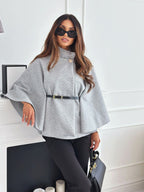 Women's Turtleneck Wool Poncho with Belt - Gray