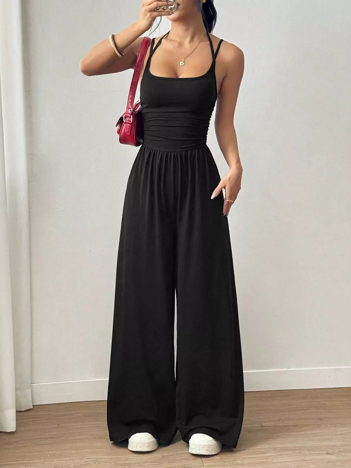 Women's Spaghetti Strap Wide-Leg Jumpsuit - Black