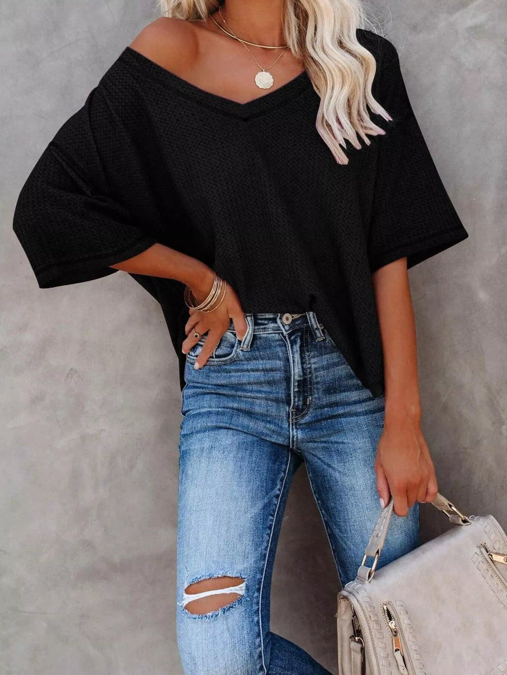 Women's Waffle Knit V-Neck Short Sleeve T-Shirt