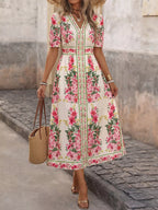 Women's Floral V-Neck Midi Dress - Fuchsia