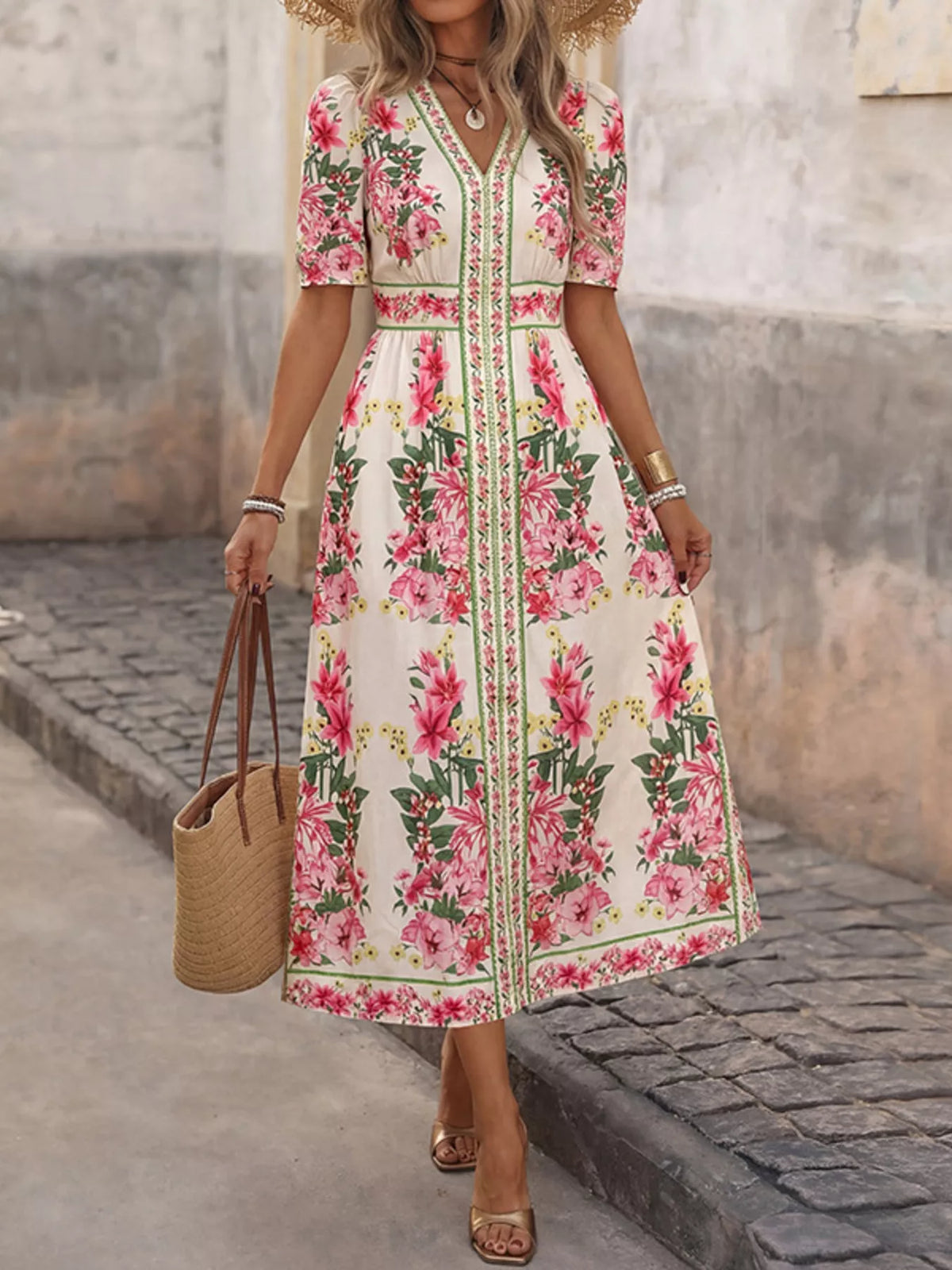 Women's Floral V-Neck Midi Dress - Fuchsia