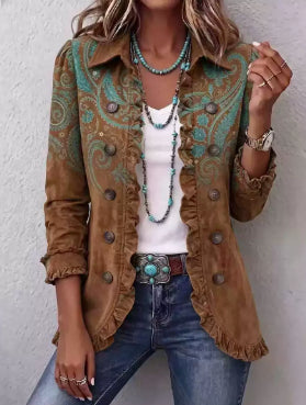 Women's Pleated Ruffle Office Blazer - Boho Brown