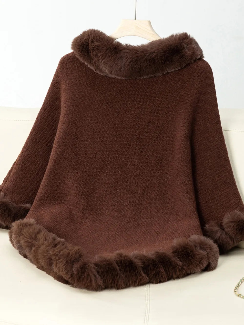 Women's 3/4 Sleeve Poncho with Faux Fur Trim Textured Cape