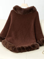 Women's 3/4 Sleeve Poncho with Faux Fur Trim Textured Cape