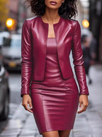 Women's Open Leather Jacket and Elegant Dress Set - Burgundy