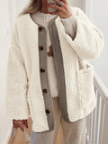 Women's Two-Tone Sherpa Button-Up Jacket with Pockets - Cream