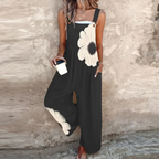 Women's Black Overalls with Large White Daisy - Black
