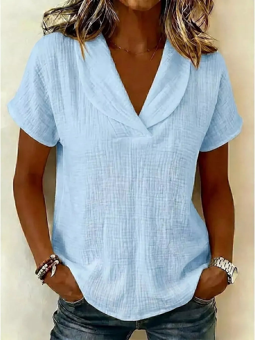 Women's Plus Size Casual Textured Short Sleeve Blouse - Light Blue