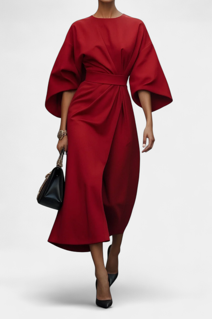 Women's Lantern Sleeve Fitted-Waist Dress - Red