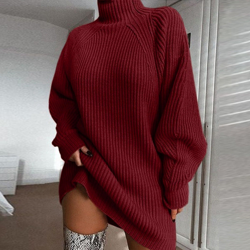 Women's Turtleneck Knit Sweater Dress for Winter - Wine Red