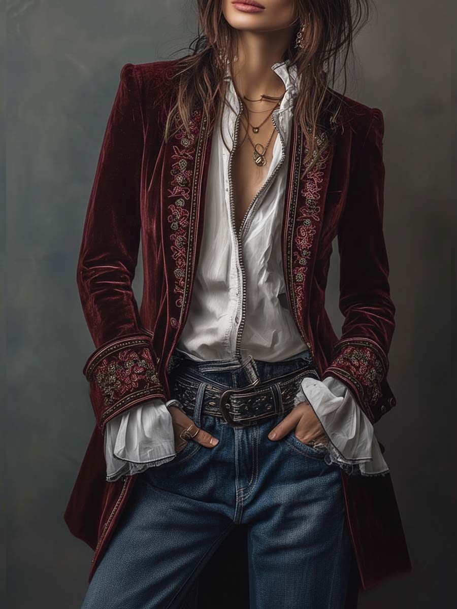 Women's Elegant Vintage Long Jacket - Wine Red
