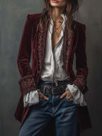 Women's Elegant Vintage Long Jacket - Wine Red