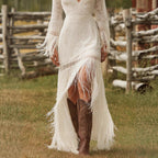 Women's White Boho Lace Fringe Maxi Dress V-Neck Fall Wedding Guest