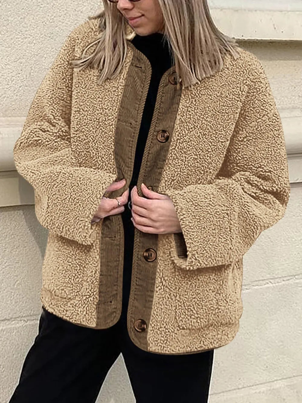 Women's Two-Tone Sherpa Button-Up Jacket with Pockets