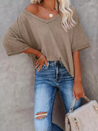 Women's Waffle Knit V-Neck Short Sleeve T-Shirt
