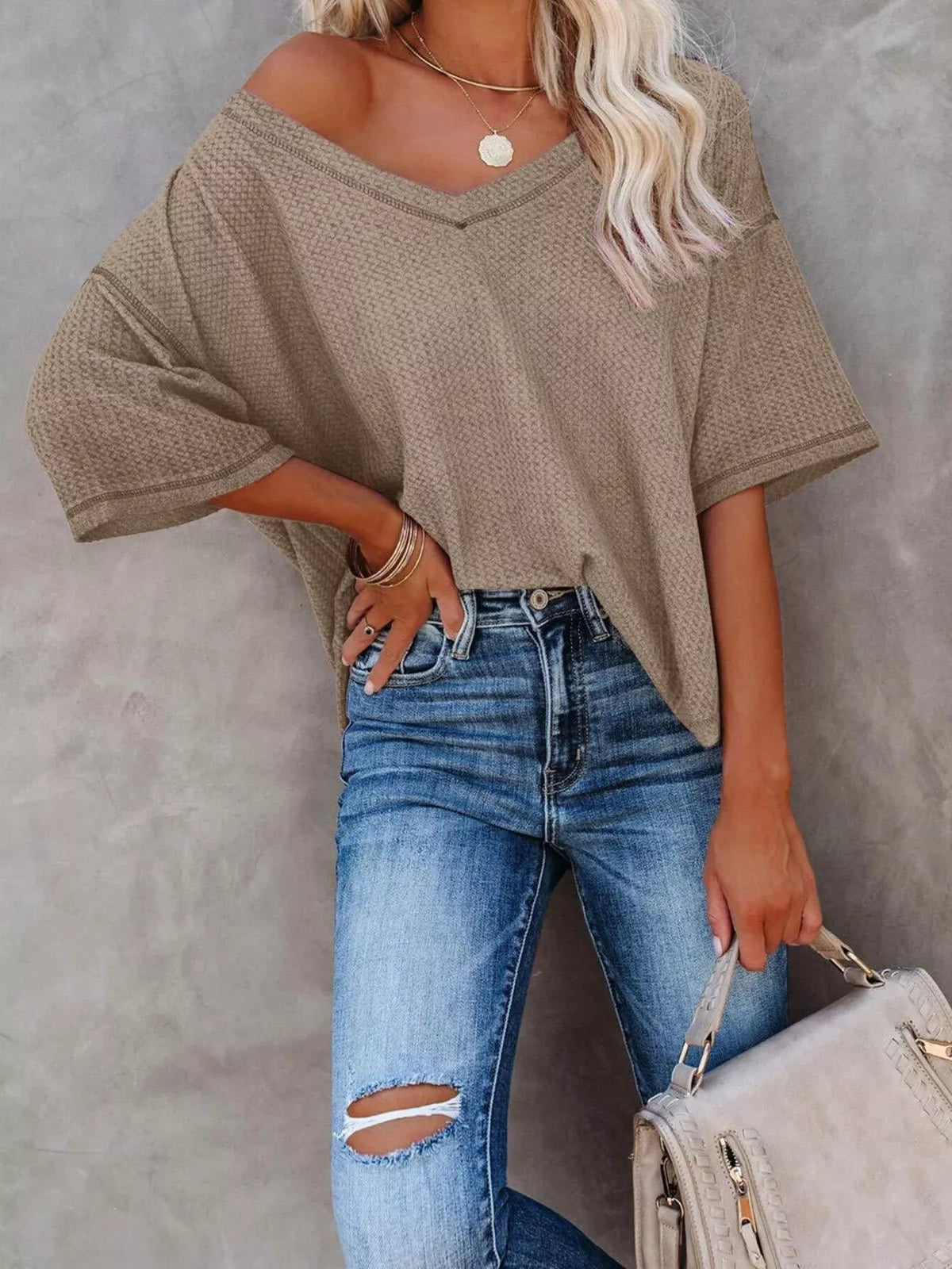Women's Waffle Knit V-Neck Short Sleeve T-Shirt