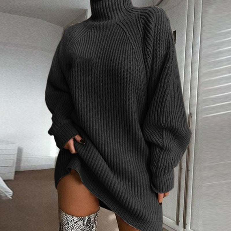 Women's Turtleneck Knit Sweater Dress for Winter - Dark Gray