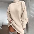Women's Turtleneck Knit Sweater Dress for Winter - Apricot