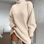 Women's Turtleneck Knit Sweater Dress for Winter - Apricot