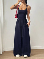Women's Spaghetti Strap Wide-Leg Jumpsuit - Dark Blue