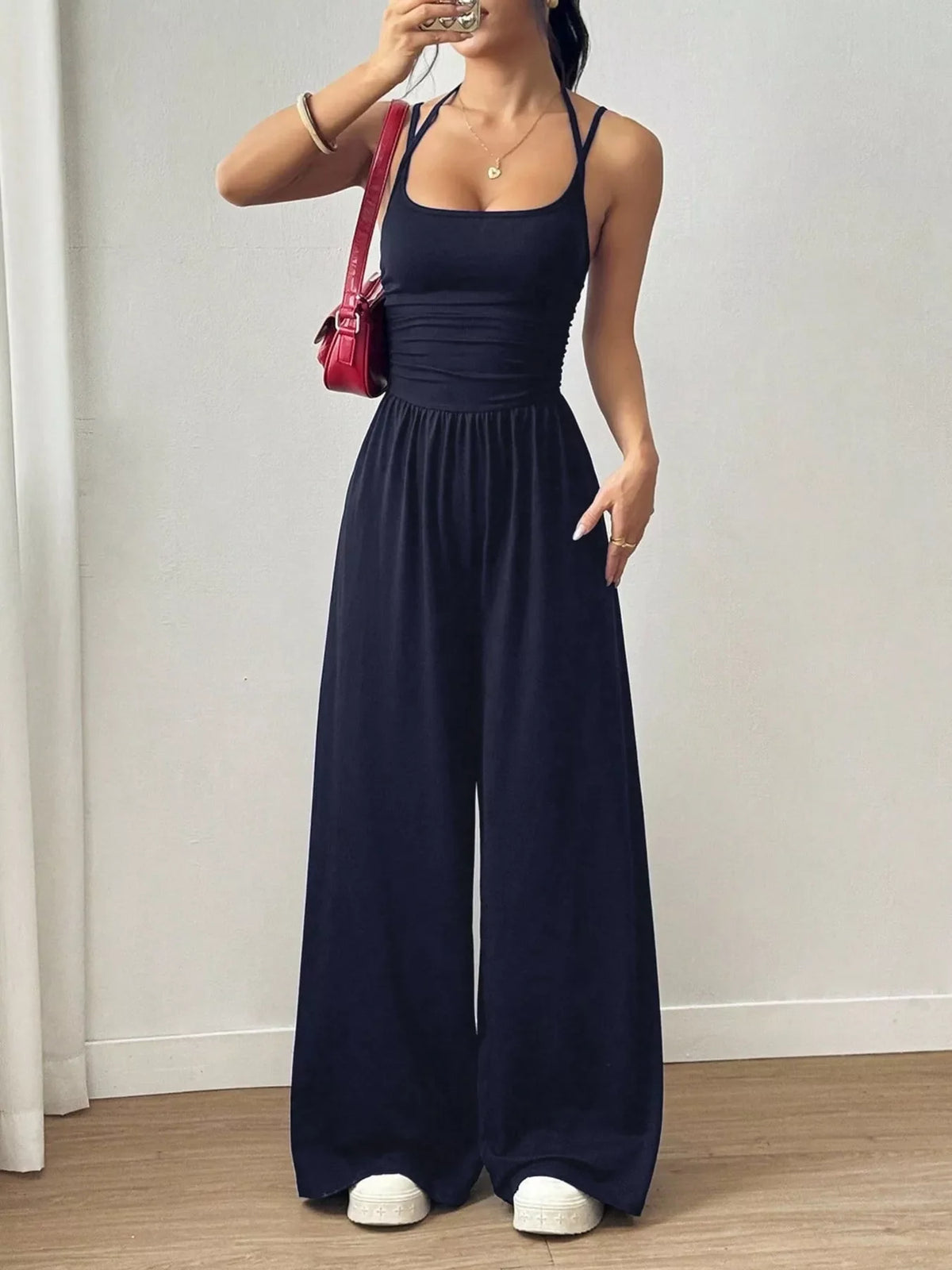 Women's Spaghetti Strap Wide-Leg Jumpsuit - Dark Blue