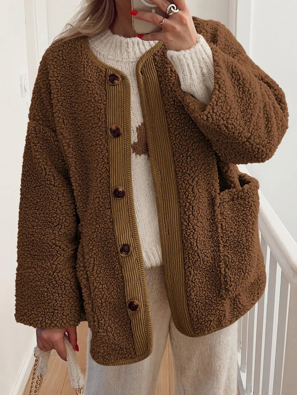 Women's Two-Tone Sherpa Button-Up Jacket with Pockets