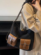 Women's Buckle Shoulder Bag with Pocket - Black